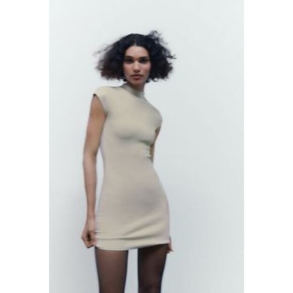 NWT Zara Taupe Tan Knit Short Sleeve Bodycon Dress - Small - Picture 1 of 9